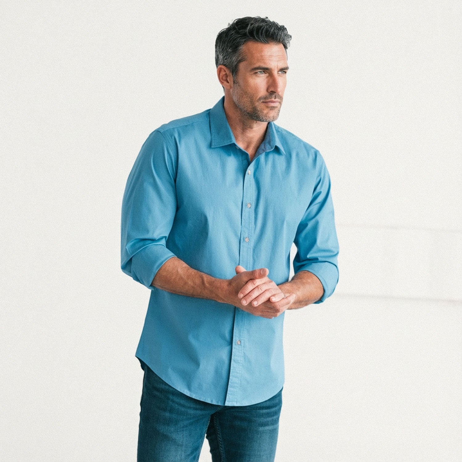 Essential Spread Collar Casual Shirt - Steel Blue Stretch Cotton Poplin