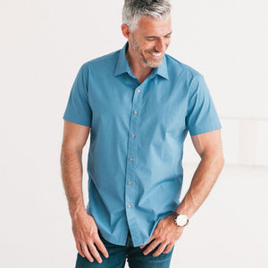 Essential Spread Collar Casual Short Sleeve Shirt - Steel Blue Stretch Cotton Poplin