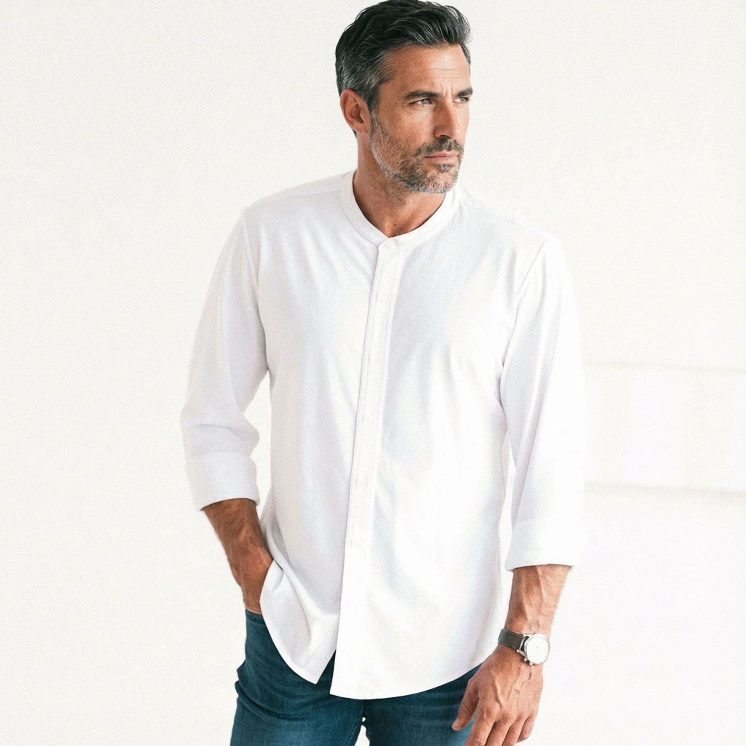 Band Collar T-Shirt Shirt - Pure White Cotton Jersey