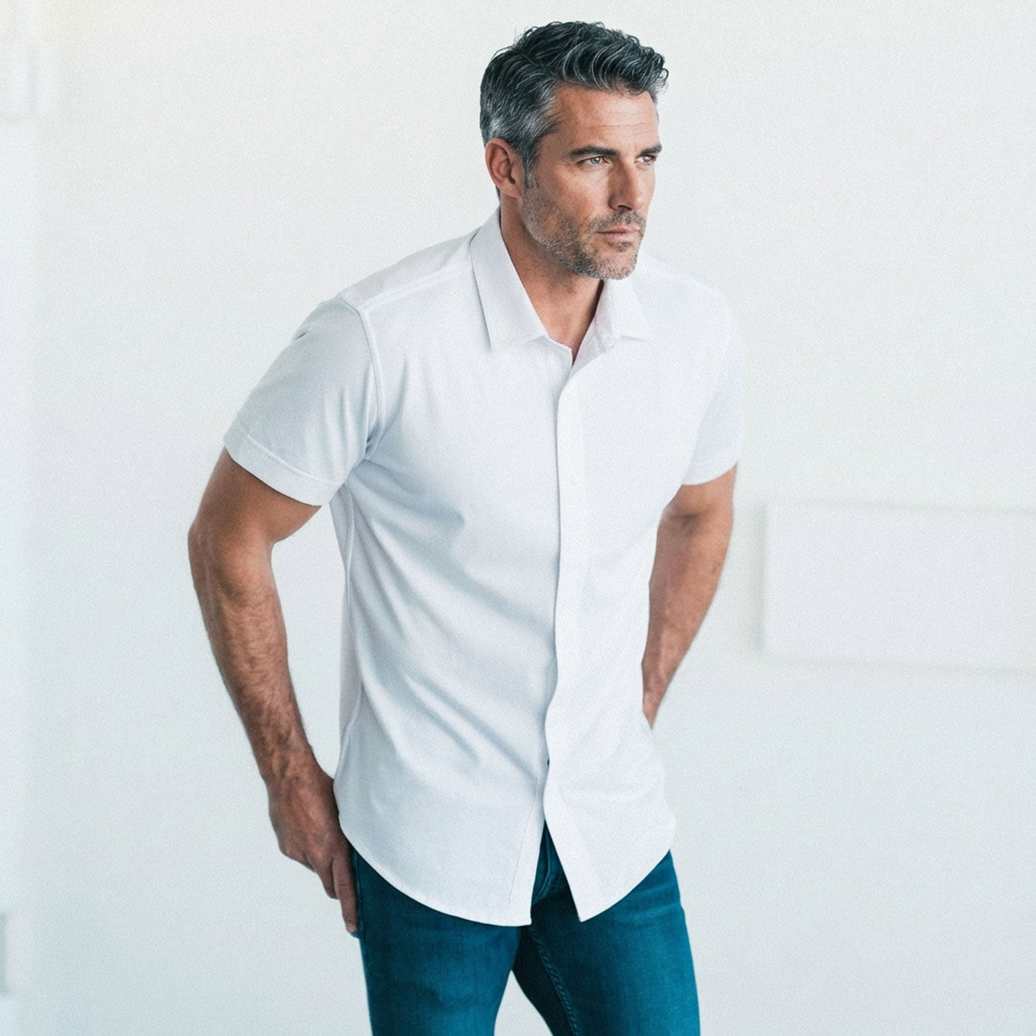 Men's Casual Button Down Shirt in White Cotton Jersey X-Large Men's Casual Button Down Shirt in White Cotton Jersey X-Large