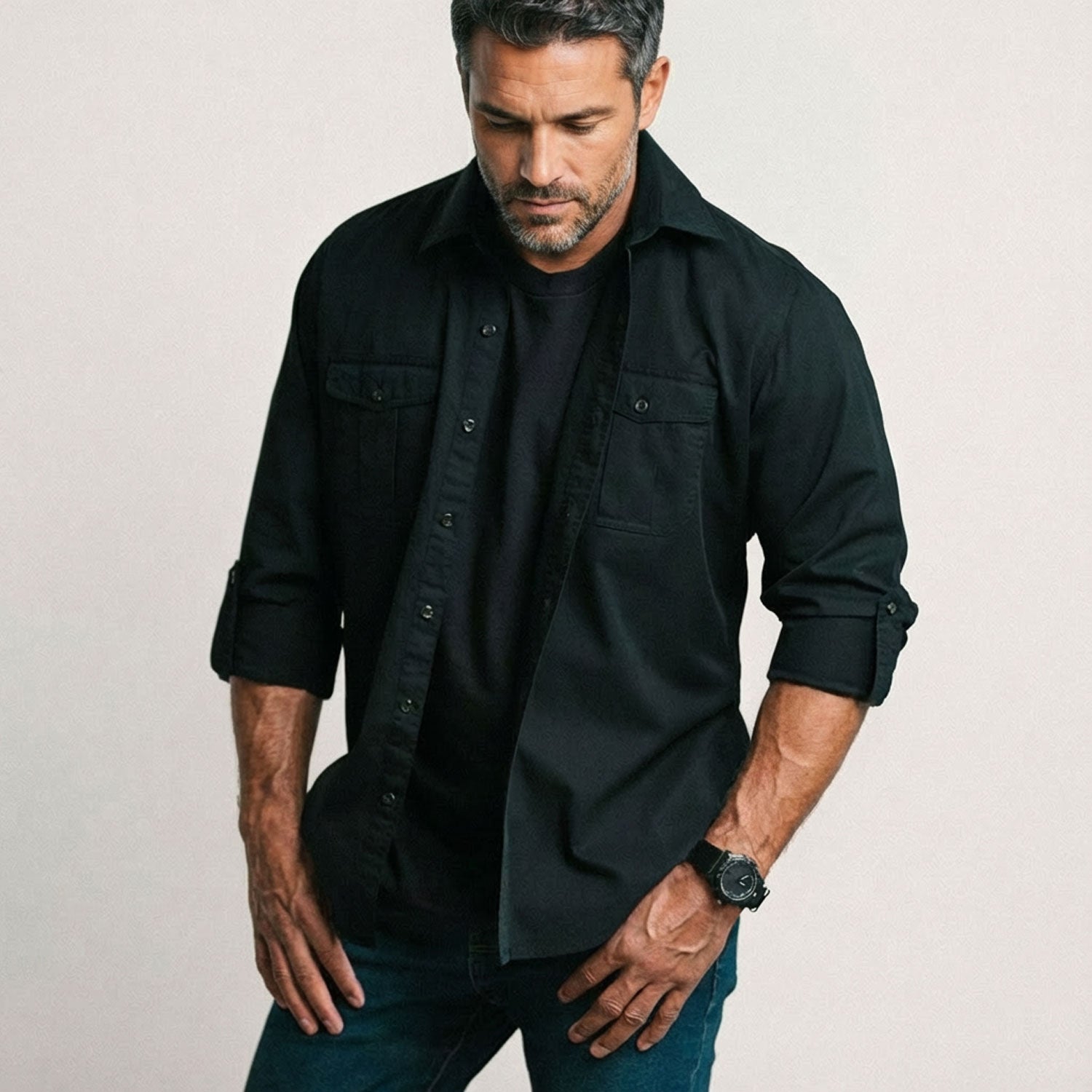 Work Utility Shirt – Black Cotton Twill