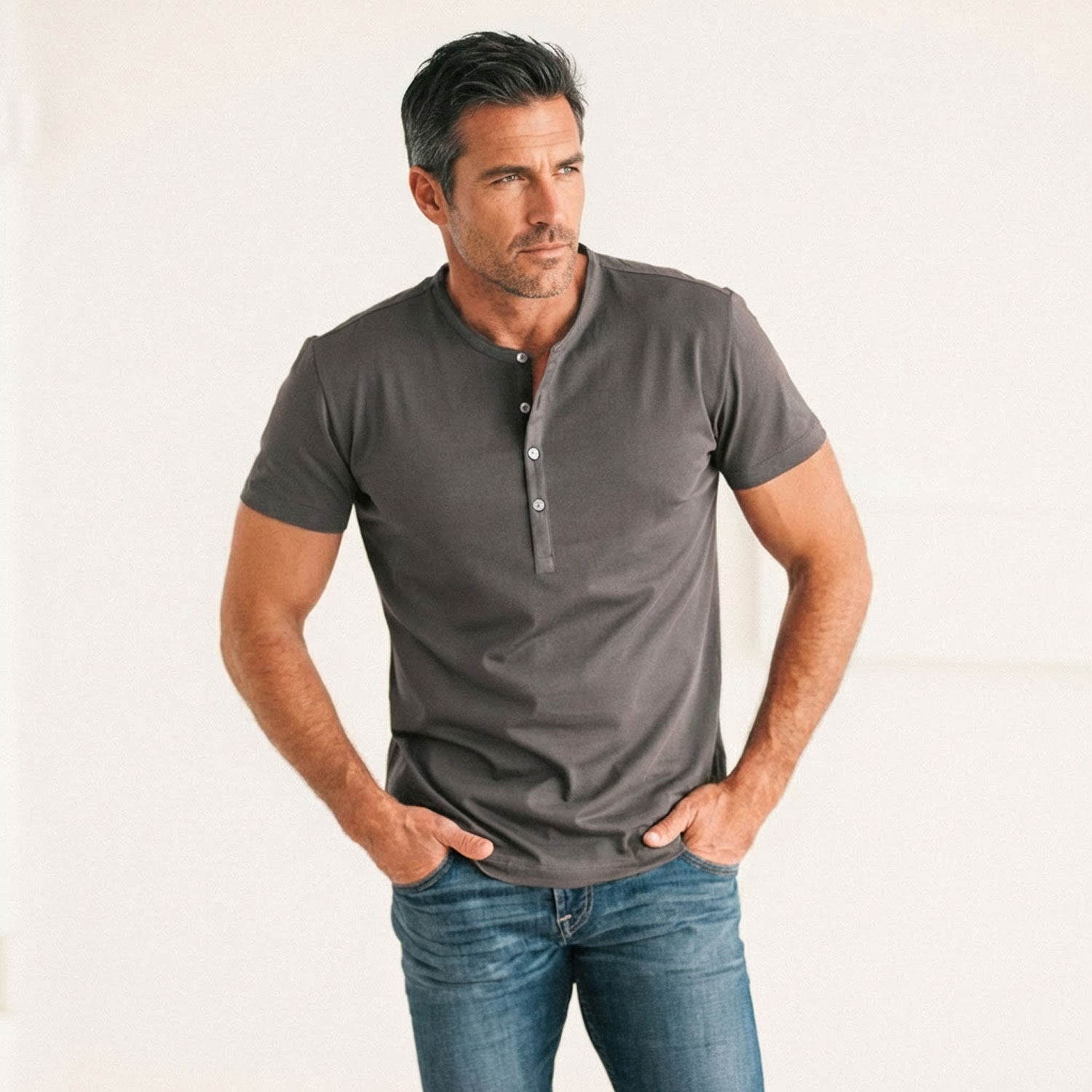 Woven Placket Henley Short Sleeve Shirt –  Slate Gray Cotton Jersey