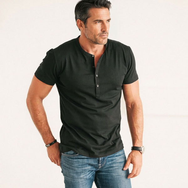 Woven Placket Henley Short Sleeve Shirt –  Black Cotton Jersey