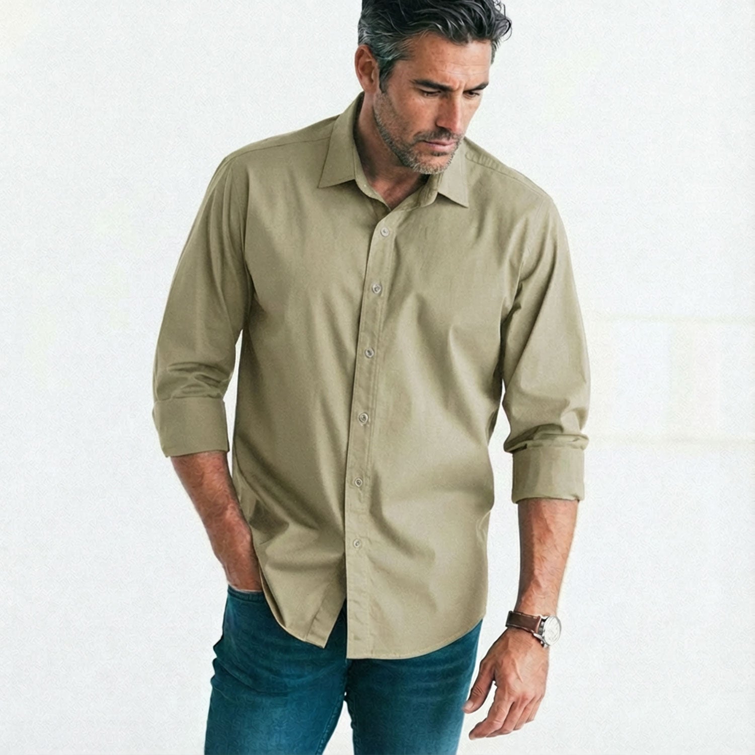 Essential Spread Collar Casual Shirt - Light Fatigue Cotton Twill
