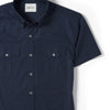 Editor Two Pocket Short Sleeve Men's Utility Shirt In Dark Navy Mercerized Cotton Close-Up Image