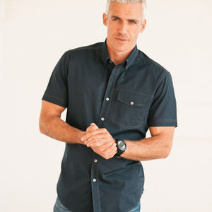 Batch Short Sleeve Casual Men's Shirt Author In Dark Navy Cotton Twill On Body Image Close Up