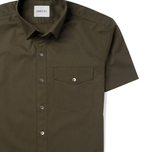 Batch Short Sleeve Casual Men's Shirt Author In Fatigue Green Cotton Twill Close-up Image of Pocket