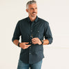 Batch Men's Author Shirt In Navy Cotton Twill On Body Standing with Sunglasses