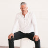 Batch Men's Essential BB Henley Shirt – White Cotton Jersey Image Sitting On Body