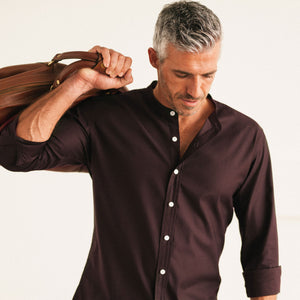 Batch Men's Essential Band Collar WB Casual Shirt - Dark Burgundy Mercerized Cotton Image Close Up On Body
