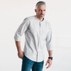 Batch Men's Essential Band Collar Button Down Shirt - Cement Gray Cotton Twill Image Standing on Body