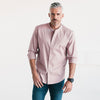 Batch Men's Essential Band Collar Button Down Shirt - Currant Cotton Twill On Body Standing Image with Sleeves Rolled