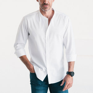Batch Men's Essential Band Collar Button Down Shirt - Pure White Cotton Twill Image On Body Standing