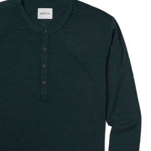 Batch Men's Essential Curved Hem Henley – Forest Green Cotton Jersey Image Close Up