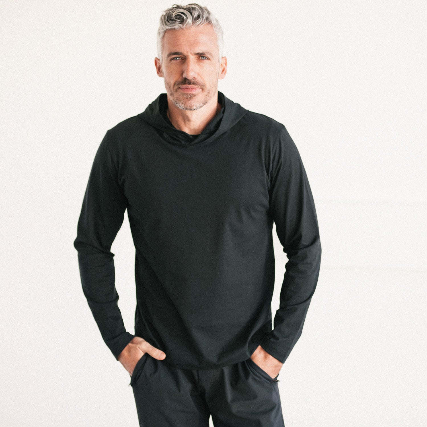 Men's T-Shirt Hoodie Long Sleeves in Black Cotton Jersey Batch