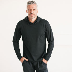 Batch Men's Essential T-Hoodie – Black Cotton Jersey Image On Body
