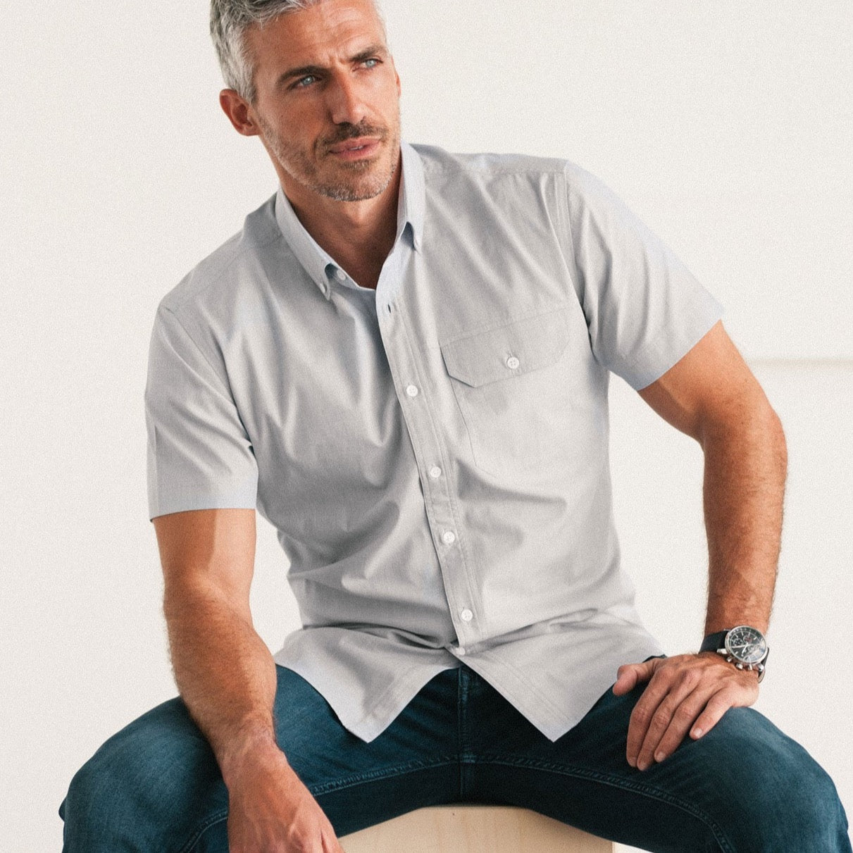 Men's Short Sleeve Casual Shirt - Builder in Aluminum Gray End-On-End Med / Large - Tall Men's Short Sleeve Casual Shirt - Builder in Aluminum Gray End-On-End Med / Large - Tall