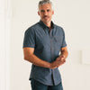 Batch Men's Builder Short Sleeve Casual Shirt In Navy Blue End-on-end Close Up On Body Standing Image