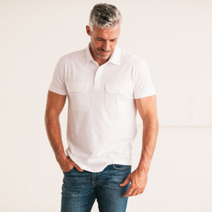 Constructor Short Sleeve Polo Shirt – Pure White Cotton Jersey On Body Standing