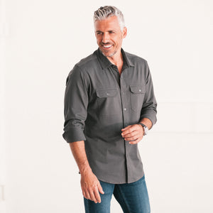 Batch Men's Constructor Utility Shirt In Slate Gray Cotton Jersey Fabric On Body Image