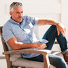 Editor Two Pocket Short Sleeve Men's Utility Shirt In Classic Blue Cotton Pinpoint Oxford On Body Sitting