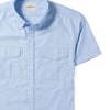 Editor Two Pocket Short Sleeve Men's Utility Shirt In Clean Blue Mercerized Cotton Close-Up Image