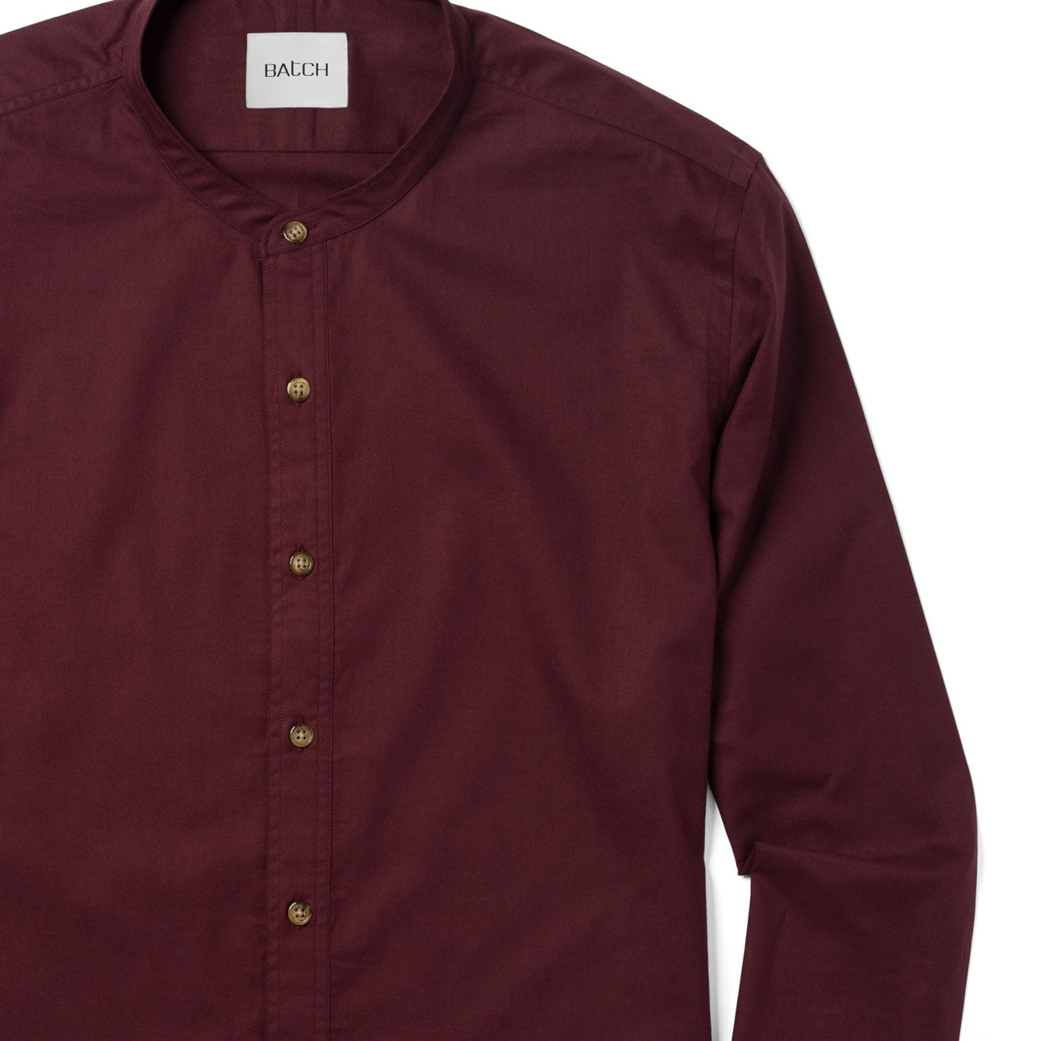 Men's Band Collar Button Down Shirt In Dark Burgundy 100 Cotton Twill