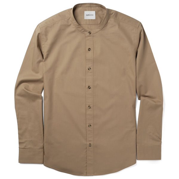 Essential Band Collar Button Down Shirt - Dark Tan Cotton Twill