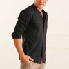 Batch Men's Essential Band Collar Button Down Shirt - Black Cotton Twill Image on Body Standing with Pockets