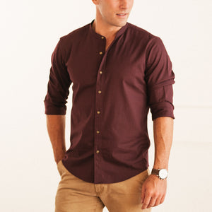 Batch Men's Essential Band Collar Button Down Shirt - Dark Burgundy Cotton Twill Image On Body Standing