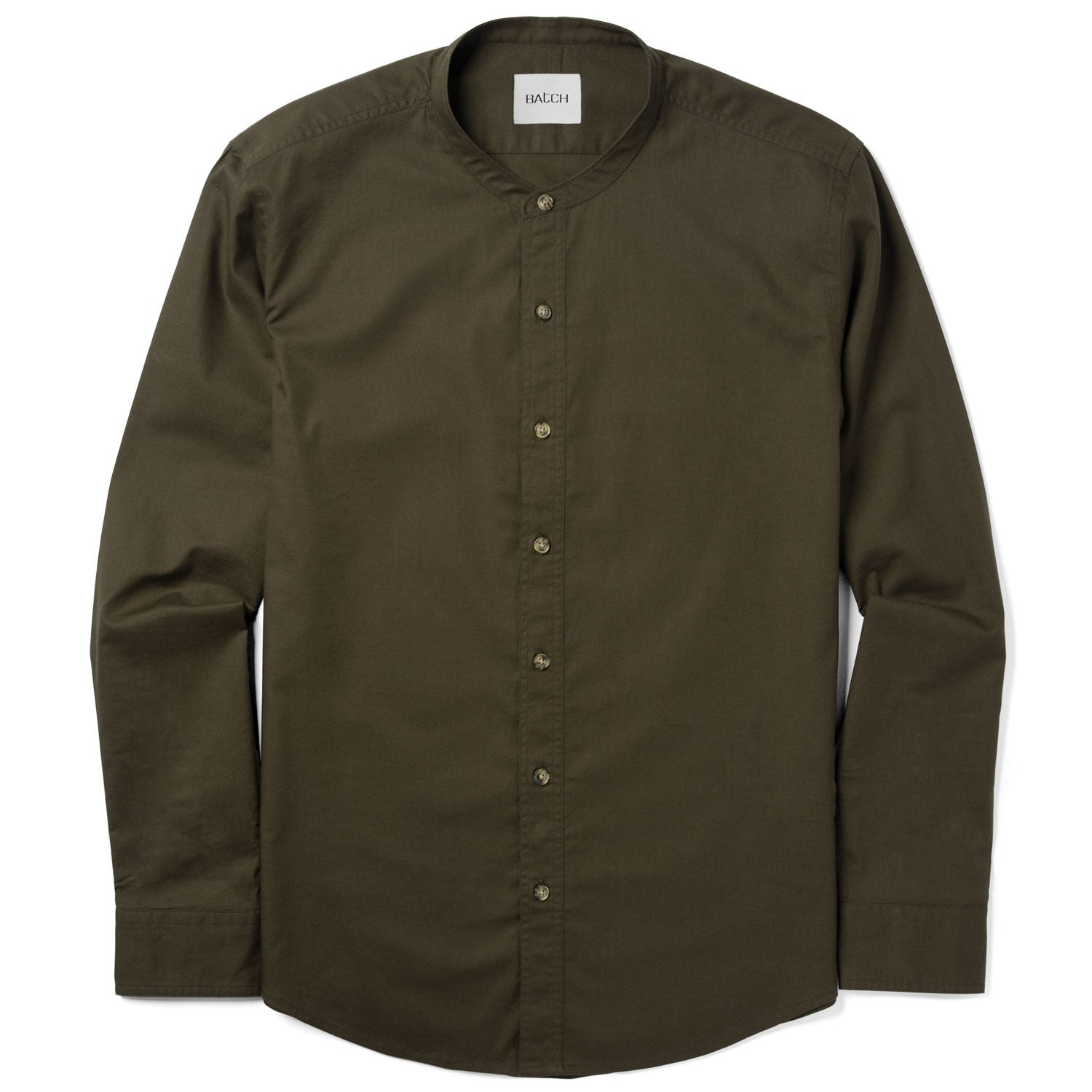 Essential Band Collar Button Down Shirt - Olive Green Cotton Twill
