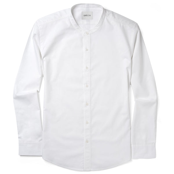 Essential Band Collar Button Down Shirt - Pure White Cotton Twill