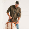 Batch Men's Essential Casual Shirt - Fatigue Green Cotton Twill Image Close Up Unzipping Bag