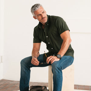 Batch Men's Essential Short Sleeve Casual Shirt - WB Olive Green Stretch Cotton Poplin Image On Body Sitting
