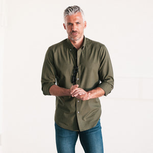 Batch Men's Essential Casual Shirt - Olive Green Cotton End-on-end Image On Body Standing