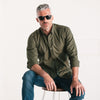 Batch Men's Essential Casual Shirt - Olive Green Cotton End-on-end Image On Body Sitting with Sunglasses