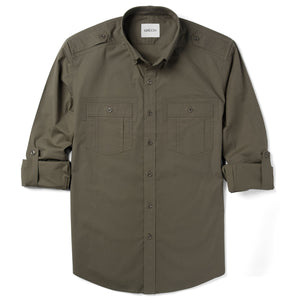Batch Finisher Utility Shirt In Fatigue Green Stretch Cotton Poplin Rolled Sleeve Image