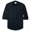 Band-Collar Fixer Two Pocket Men's Utility Shirt In Dark Navy Stretch Cotton Twill With Sleeves Rolled Up