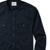 Band-Collar Fixer Two Pocket Men's Utility Shirt In Dark Navy Stretch Cotton Twill Close-Up Image