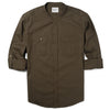 Band-Collar Fixer Two Pocket Men's Utility Shirt In Fatigue Green Cotton Twill With Sleeves Rolled Up