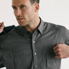 Fixer Two Pocket Men's Utility Shirt In Slate Gray Cotton Slub Twill On Body Close-Up Image