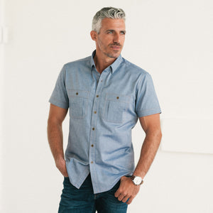 Batch Fixer Short Sleeve Utility Shirt In Navy Cotton Oxford On Body Image