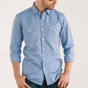 Maker Two Pocket Men's Utility Shirt In Classic Blue Cotton Oxford On Body