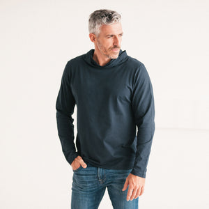 Batch Men's Essential T-Hoodie – Dark Navy Cotton Jersey Image On Body