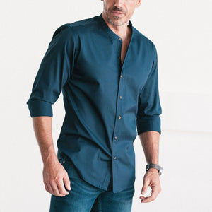 Batch Men's Essential Band Collar Button Down Shirt - Dark Navy Cotton Twill Image On Body Standing