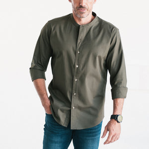 Batch Men's Essential Band Collar Button Down Shirt - Olive Green Cotton Twill Image On Body Standing
