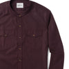 Batch Pioneer Band Collar Utility Shirt In Burgundy Mercerized Cotton Close-Up Image