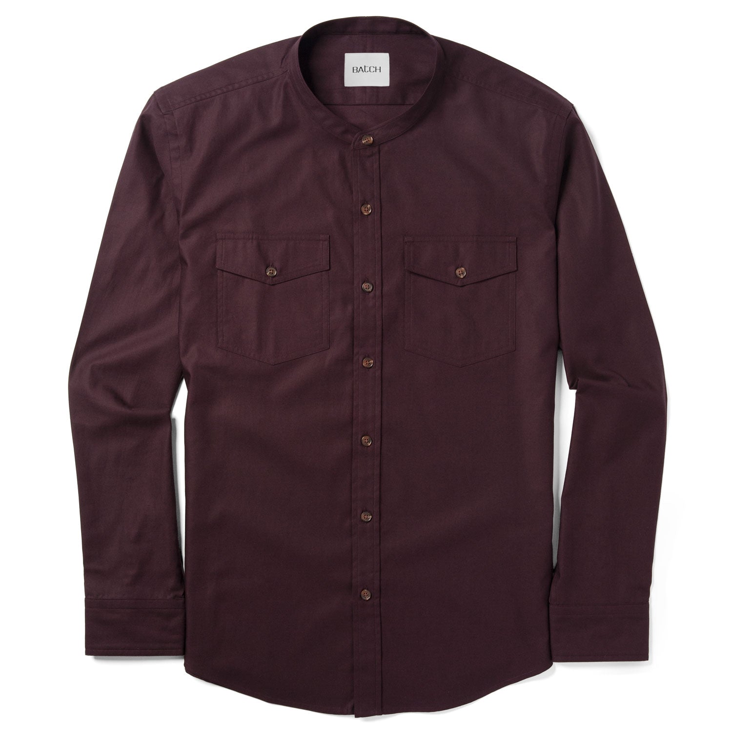Pioneer Band Collar Utility Shirt – Dark Burgundy Mercerized Cotton