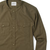 Batch Pioneer Men's Band Collar Shirt In Fatigue Green Mercerized Cotton Close-Up Image