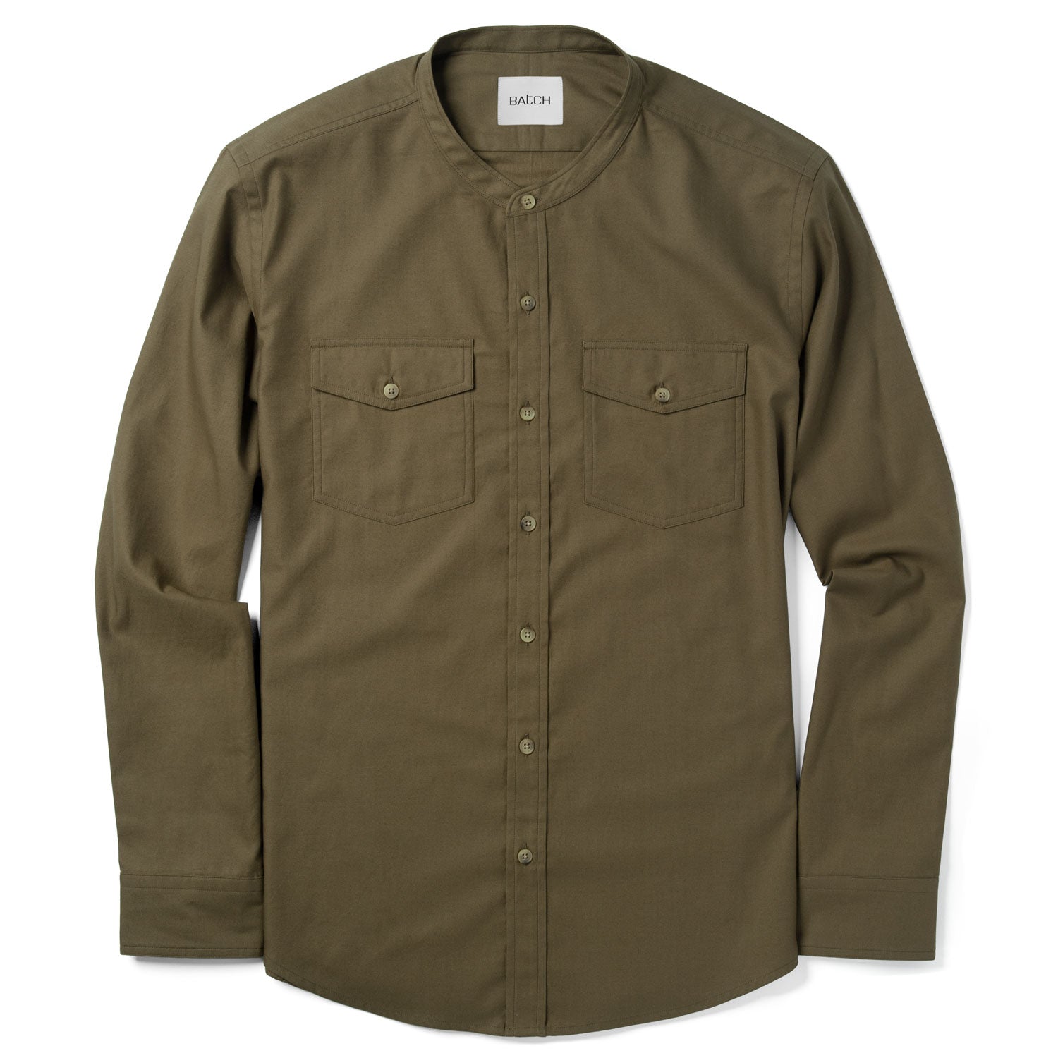Pioneer Band Collar Utility Shirt – Fatigue Green Mercerized Cotton